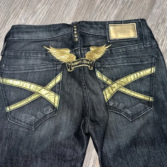 ROBIN'S JEAN ダウンベスト XL ゴールド USA HIPHOP Robin's Jeans T-Shirt Logo Metallic Gold Wings Biker Black